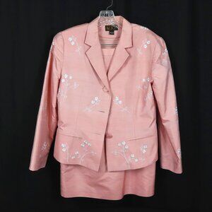 Vintage M.X.I. Peach Pink Embroidered Flower Silk Suit Sz. 10